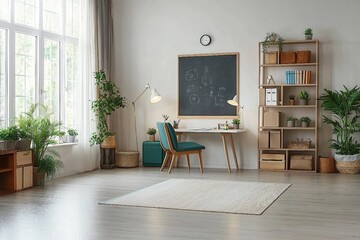 Children's room interior at home. Spacious room with study desk, chair, bookshelves, chalkboard, boxes, lamp, plants, clock, rug, laminate flooring and area for playing. Unisex design for boy or girl