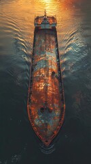 Aged metal barge floating on water transportation and industry concept