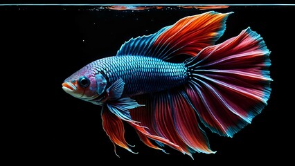 A vibrant betta fish with flowing fins, isolated on a black background.