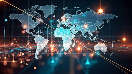 Wall Mural - global connectivity: a high-tech world map illuminates global networks and data flow, symbolizing in