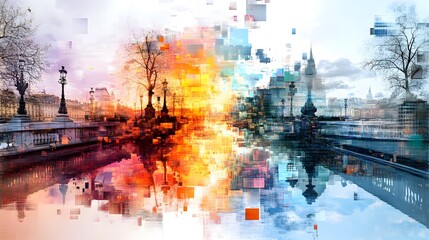 Wall Mural - Abstract Cityscape with Water Reflection.