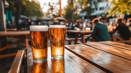 Two foamy glasses of beer are sitting on a wooden table at an outdoor beer garden, with people enjoying drinks and conversation in the background