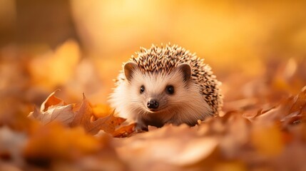 Wall Mural - Cute hedgehog exploring colorful fall leaves in warm sunlight, creating a magical woodland scene