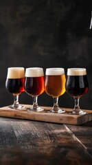 Canvas Print - Four glasses full of various beers are standing on a wooden tray. The glasses are arranged from left to right from darkest to lightest in color