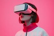 © Leo - Portrait of a woman in a vibrant pink environment wearing a sleek VR headset symbolizing the fusion of modern fashion and advanced virtual reality technology in an immersive world
