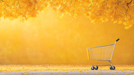 Wall Mural - shopping cart on a path covered in yellow autumn leaves, with copy space