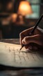 © Denys - Writer is working at night, using a fountain pen to write a letter on a sheet of paper under the warm light of a lamp