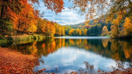 Poster - Tranquil lake reflecting the vibrant colors of the surrounding forest during the peak of autumn. The fallen leaves create a colorful carpet on the ground, adding to the beauty of the scene