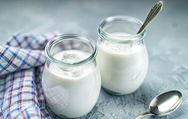 Tow jars of yogurt on the table created with Generative AI technology