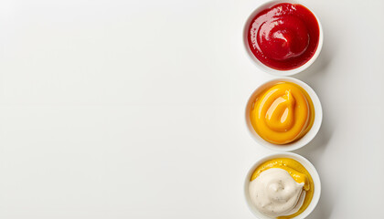 Ketchup, mayonnaise and mustard isolated on white background top view