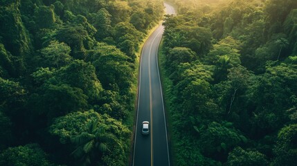 Poster - Aerial view of a scenic route crossing a lush tropical forest, a car is driving on the asphalt road towards the sunlight