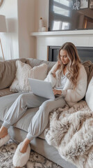 Poster - Bathed in natural light, an elegant woman sits comfortably in soft grey yoga attire, engrossed in her laptop while enjoying a cozy afternoon at home, surrounded by plush textiles