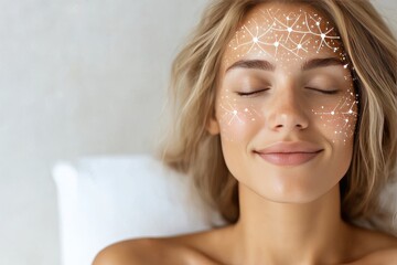 Sticker - Serene Portrait of a Woman Sleeping with Glowing Neural Network Patterns on Her Face Symbolizing Peaceful Thought Cognitive Rest and the Calm of a Tranquil Mind