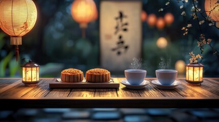 An artistic representation of mooncakes and tea cups arranged on a wooden board, with a background of traditional Chinese calligraphy and lanterns, creating a sense of elegance and sophistication