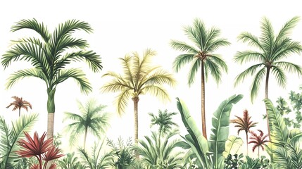 Poster - Hand-drawn illustration of different types of palm trees and other tropical plants, seamless pattern border on a white background