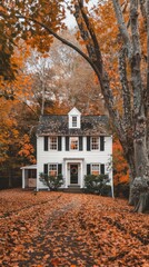 Poster - A stunning colonial home stands gracefully among fallen leaves, illuminated by golden autumn light, inviting warmth and nostalgia in a serene countryside setting