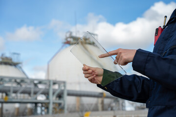 Wall Mural - Engineer working laptop Inside Oil Refinery Gas Chemical plant. Senior Engineer wearing safety jacket and PPE working about Petrochemica Chemical Prodiction import for export. Crude Oil Refinery 