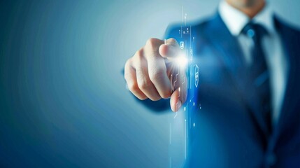 Poster - A man in a suit is pointing at a blue screen with a light on it