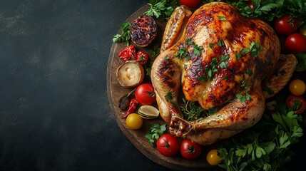 A fresh juicy turkey on the table, surrounded by vegetables and cooking utensils on a wooden background. used for a restaurant menu or a Christmas or Thanksgiving festive dish