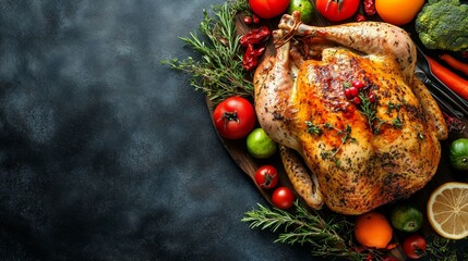 Wall Mural - A fresh juicy turkey on the table, surrounded by vegetables and cooking utensils on a wooden background. used for a restaurant menu or a Christmas or Thanksgiving festive dish