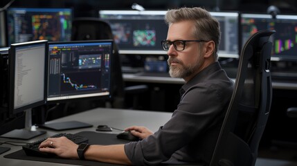 Poster - An analyst sits at a desk, intently examining multiple computer screens displaying stock charts and data in a contemporary trading office setting
