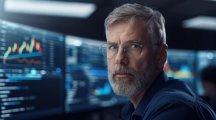 Poster - A man with glasses closely examines data charts and graphs displayed on multiple screens in a contemporary office environment
