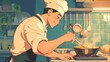 © J - Anime young male chef wearing a white uniform in the restaurant kitchen cooking, illustration