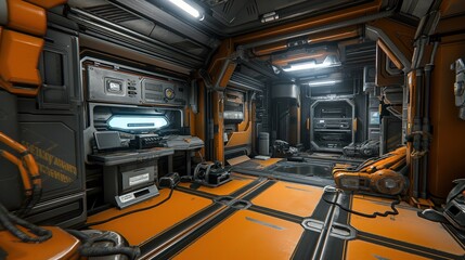 Poster - Orange and grey spacecraft interior featuring advanced control panels and mechanical equipment, showcasing a futuristic and industrial design aesthetic