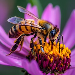 Wall Mural - Hardworking Honeybee Pollinating Vibrant Flower Pollen Clung to Its Legs