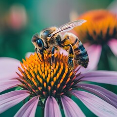 Wall Mural - Honeybee Collecting Nectar from Colorful Flower Pollen on Its Legs Focus on Insect Concept Copy Space