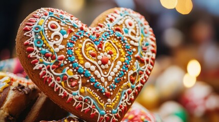 A close-up shot of a gingerbread heart cookie at Oktoberfest, intricately decorated with colorful icing and patterns, with a festive background of people and decorations, symbolizing the sweetness