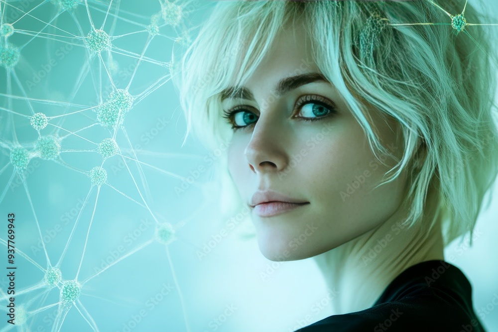 Blonde woman with an abstract digital network overlay on her face ...