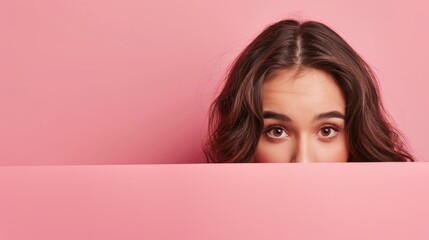 News Wall, positive childish playful girlfriend head face hide behind empty blank space isolated on pink color background