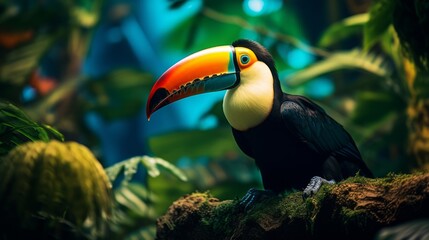 Keel billed Toucan, bird with big bill sitting on the branch in the forest. Neural network ai generated art