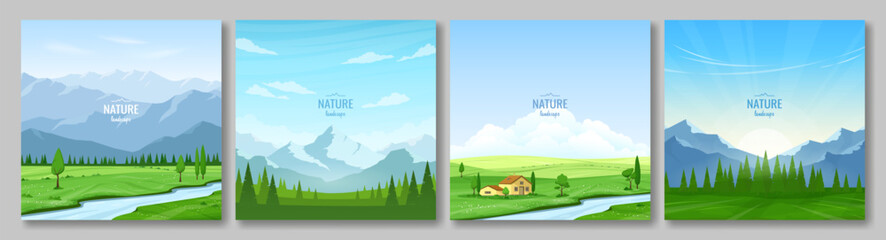 Wall Mural - set of backgrounds with natural landscapes. mountains and forest, a village house near the river, gr