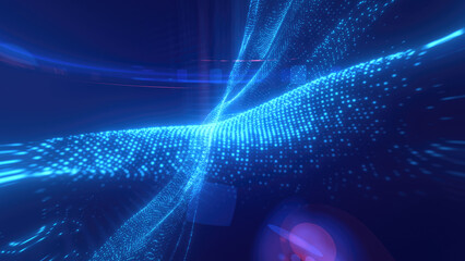 Poster - Blue glowing energy waves from small particles and lines abstract background