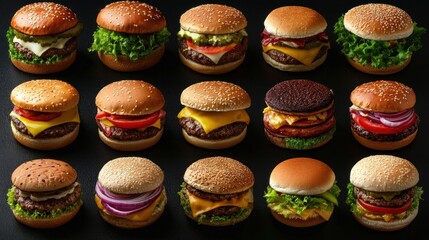 Classic Burgers set apart on a dark background. quick food supper. Burgers, cheeseburgers, vegan burgers, and other foods combined into a collage