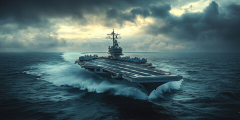 Us navy aircraft carrier sails gracefully with fighter jets on its deck, showcasing military power and defense at sea. Banner, Copy space