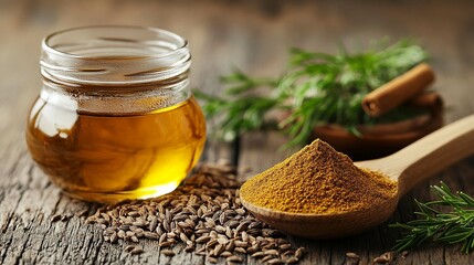 Wall Mural - A spoonful of dried licorice root with a cup of tea brewed from licorice in the background.