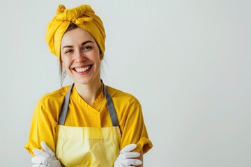 Smiling cleaning woman wearing a yellow headwrap, yellow shirt, and apron, standing with arms crossed