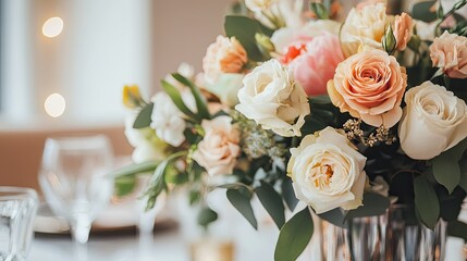 Close-up of stylish centerpieces, with ample copy space on a simple, neutral background.