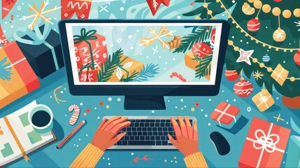 Wall Mural - Close-up of hands creating a custom holiday vector design on a computer. 