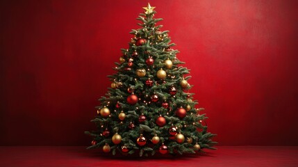 Elegant Christmas Tree with Golden Ornaments on Red Background