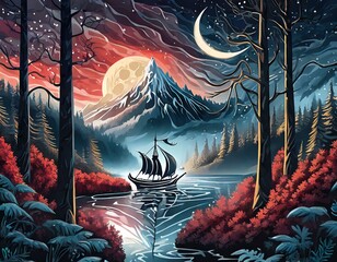 Wall Mural - landscape with forest and moon