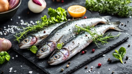 Book of cold-smoked fish, silver carp, greens, and onions on a black board