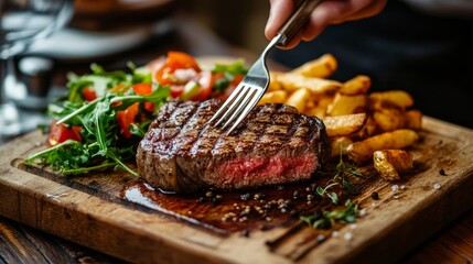 Eating in the restaurant, cutting a medium-rare grilled steak with a red wine jus, salad, and chips on a chopping board.