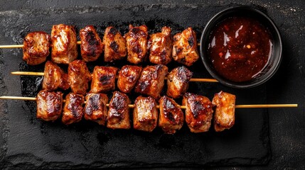 Wall Mural - Shawarma skewers grilled and served with barbecue sauce Grilled meat with a smoke flavor. Beef, chicken flesh, and fat