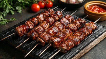 Wall Mural - Shawarma skewers grilled and served with barbecue sauce Grilled meat with a smoke flavor. Beef, chicken flesh, and fat