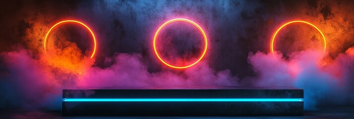 Wall Mural - Neon Glow Platform with Smoke and Circles - A futuristic stage with a black platform lit by neon blue lights, surrounded by orange and purple smoke with three orange neon circles