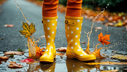 Wall Mural - feet in rubber boots, splashes, autumn leaves